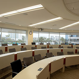 Pepperdine Irvine Campus event space with windows views and and theatre style seating