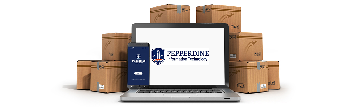 Two device screens showing Pepperdine IT logos in front of several plain cardboard boxes taped and ready to ship.