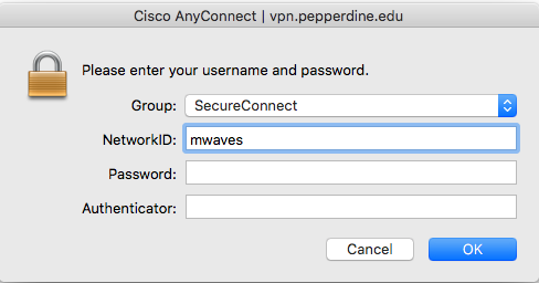 VPN login window for Macintosh devices
