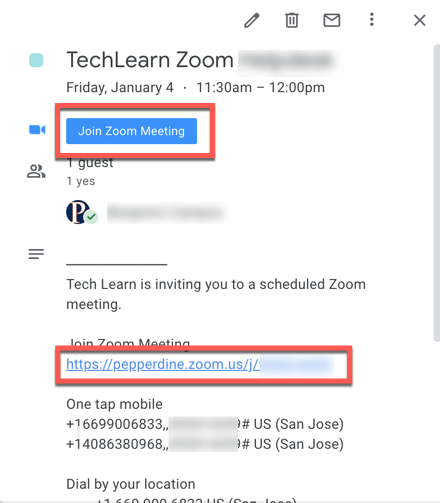 Sample Google Calendar event window with Join Zoom Meeting button and link to meeting in the event description