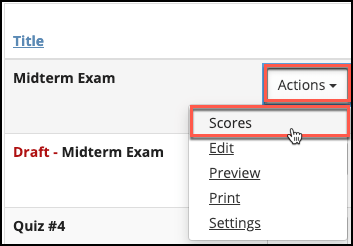 Sakai Tests And Quizzes Actions Drop Down Image