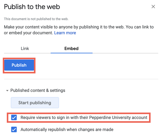 Clicking the embed option will allow users to take the next steps in publishing the embed code.