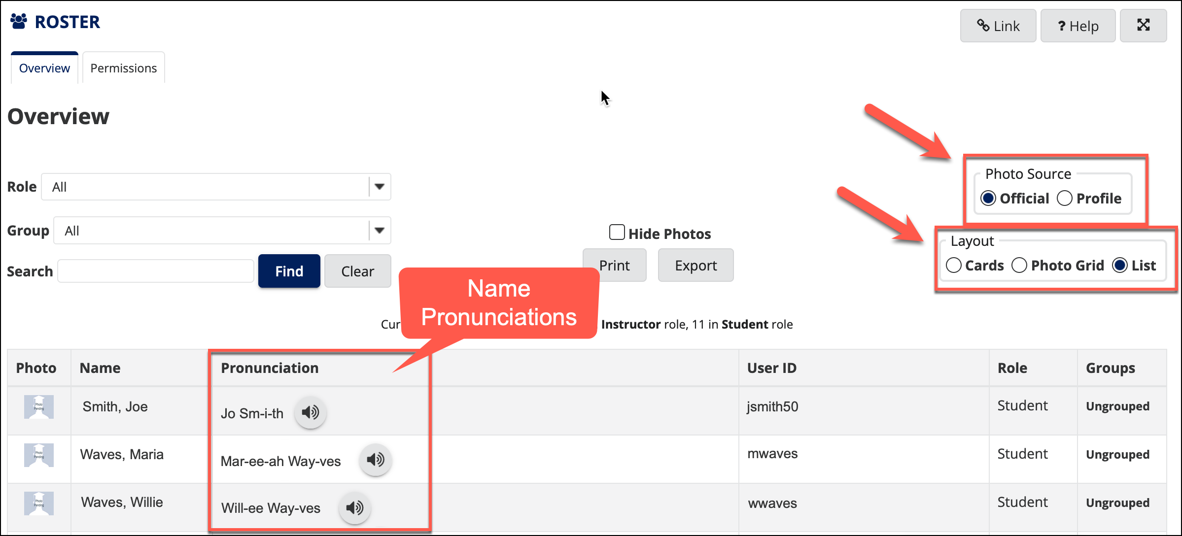Name pronunciations in list view. 
