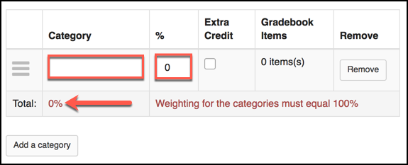An example of the Categories and Weighting screen highlighting where to enter the category label, the percentage value of that label, and the running total at the bottom.