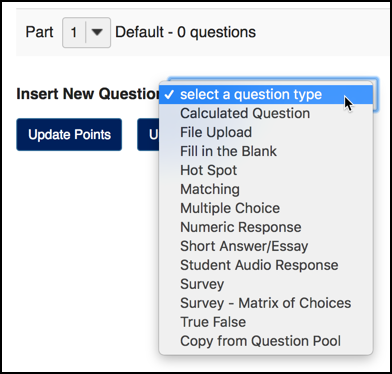 Use the Add Question drop-down to reveal all of the available question types.
