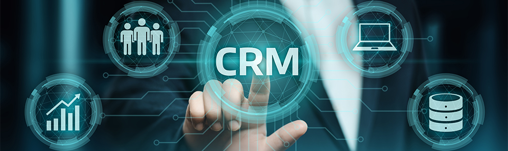 Concept image of CRM system with central CRM button and connectivity for data, people, and services.