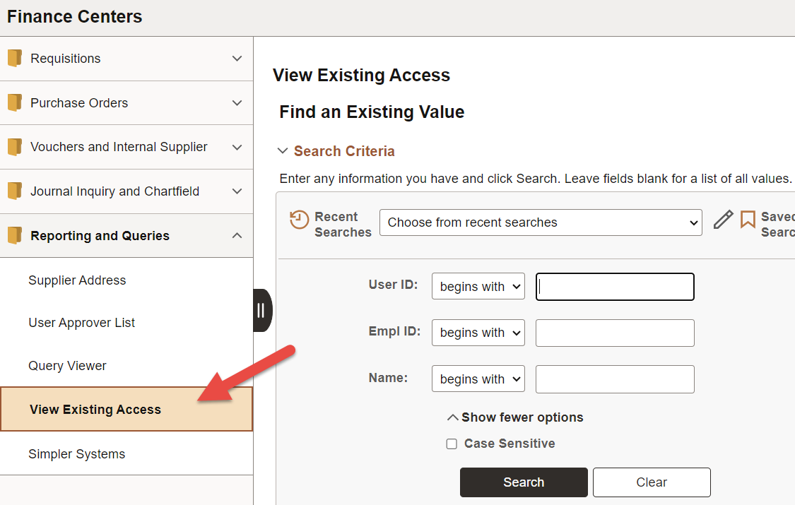 Click View Existing Access located under Reporting and Queries