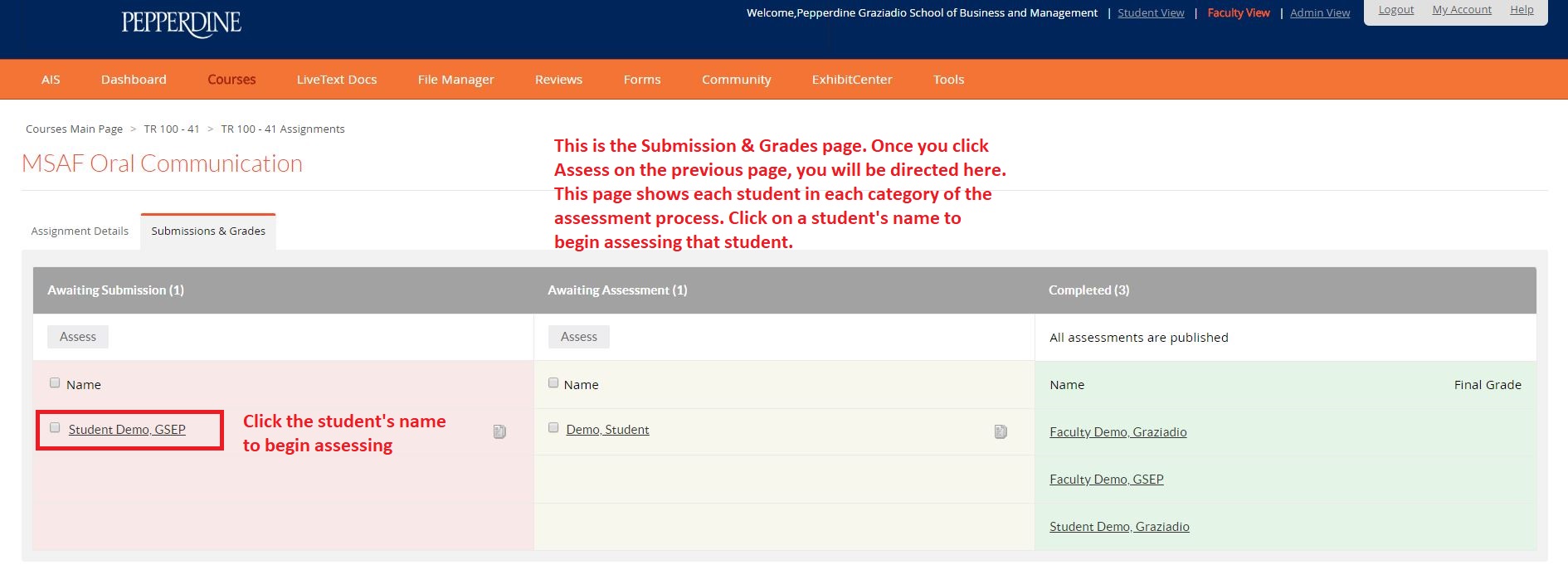 Second step in the assessment process, viewing student names.