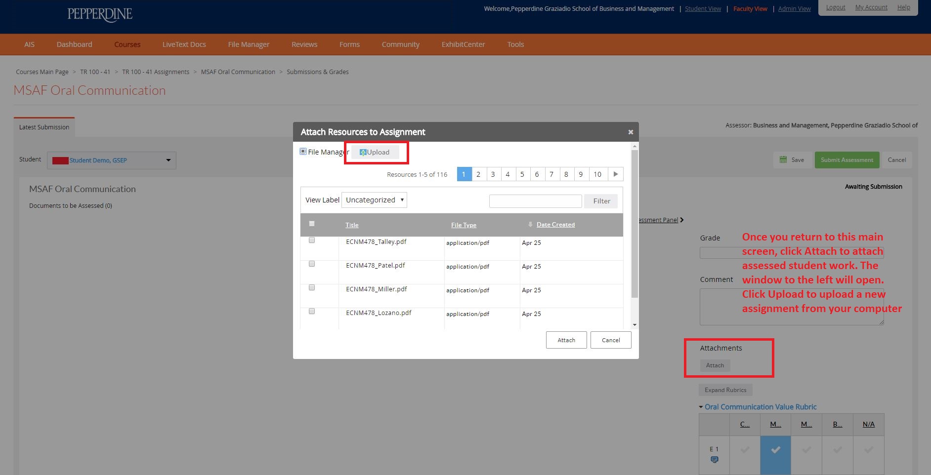 Sixth step in the assessment process, showing attach assignment feature.