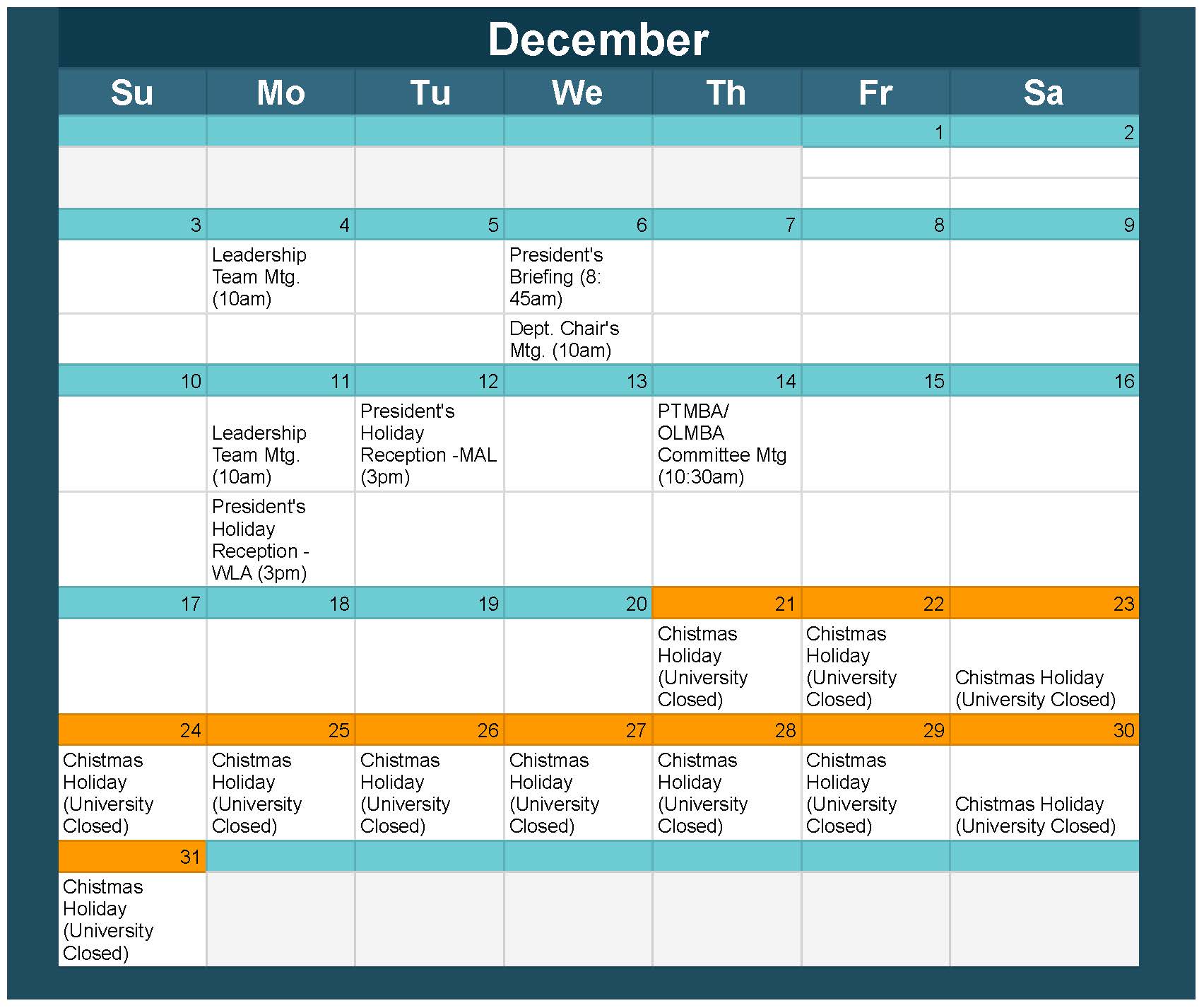 December 2023 Faculty Calendar