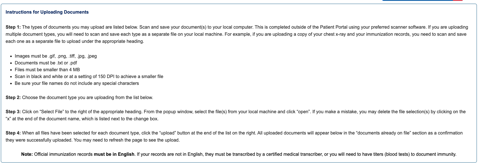 Patient Portal document upload instructions
