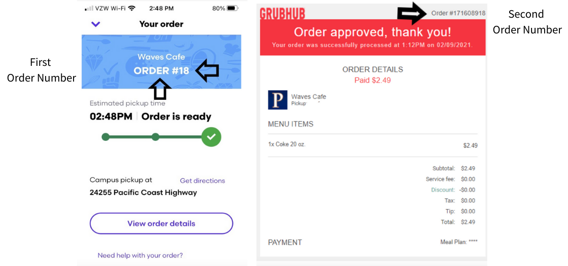 example of grubhub order number system