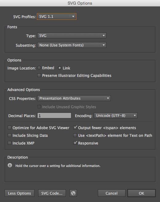 supportive screen shot of the Illustrator SVG save settings