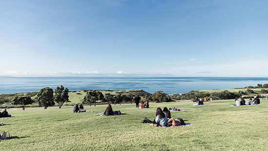 Students sit on Grass of Alumni Park with Ocean View