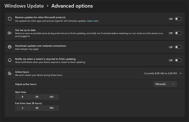 Windows Update - Advanced options Active hours setting