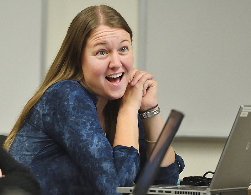 Pepperdine staff member reacts with a smile during Etrieve Training.