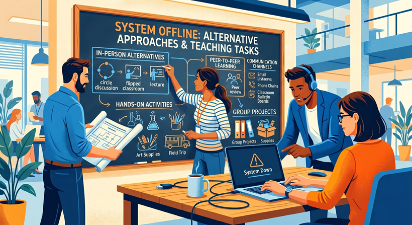 A team of instructional designers brainstorm at a chalkboard on alternative activities and options when an LMS system is offline.