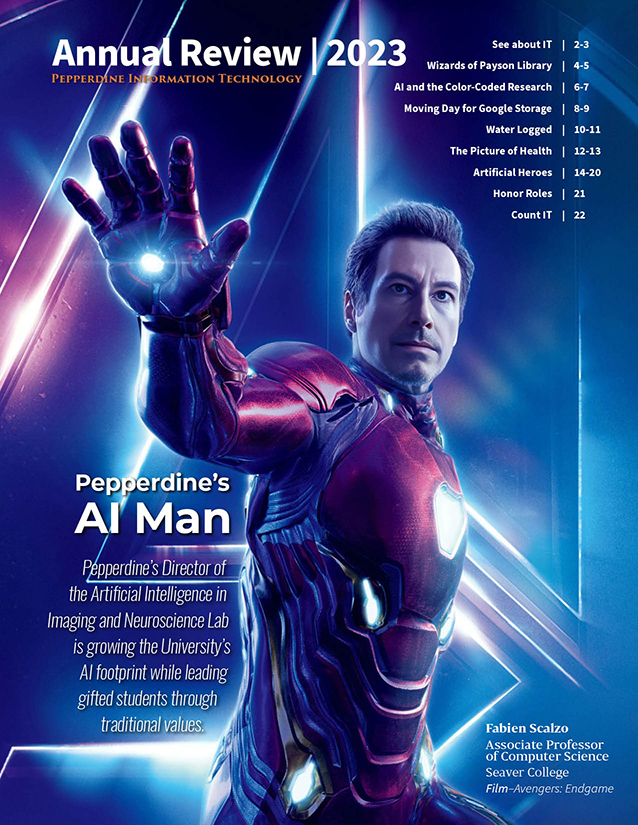 Cover of 2023 IT Annual Review, featuring Pepperdine Professor Fabien Scalzo as AI Man.