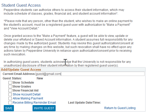 Enter the guest email address and select the permissions for the person.