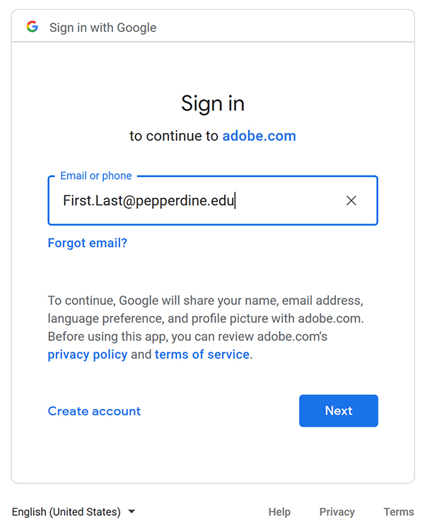 Google Sign In Screen where you will enter your full Pepperdine email address