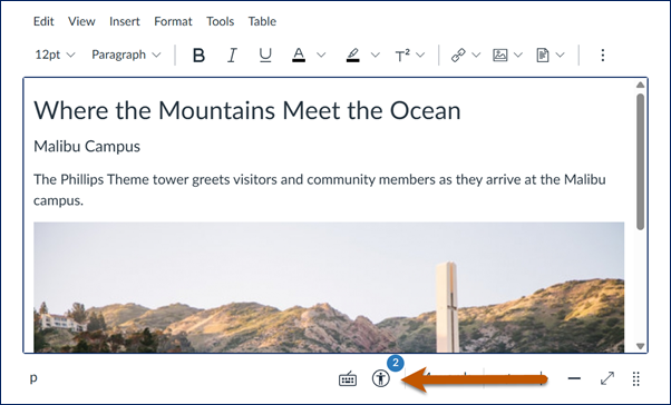 Canvas RCE with the accessibility checker icon indicated with an orange arrow.