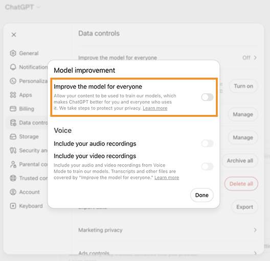 ChatGPT Settings Screen to disable the training option.