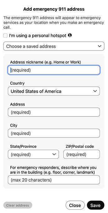 Add Emergency Address screen