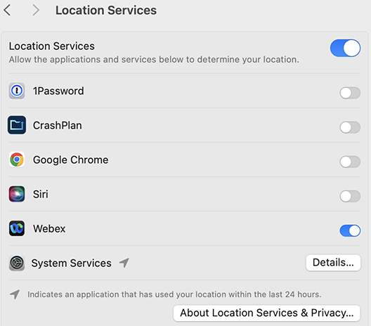 Enable Location Services and Webex screen
