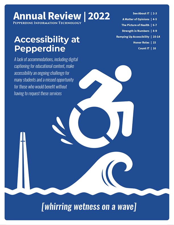 Cover of the 2022 IT Annual Review featuring a figure in a wheelchair surfing in the style of a disabled parking sign.