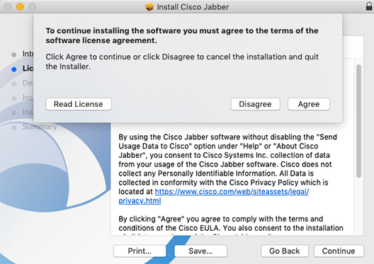 Cisco Jabber installer software license agreement
