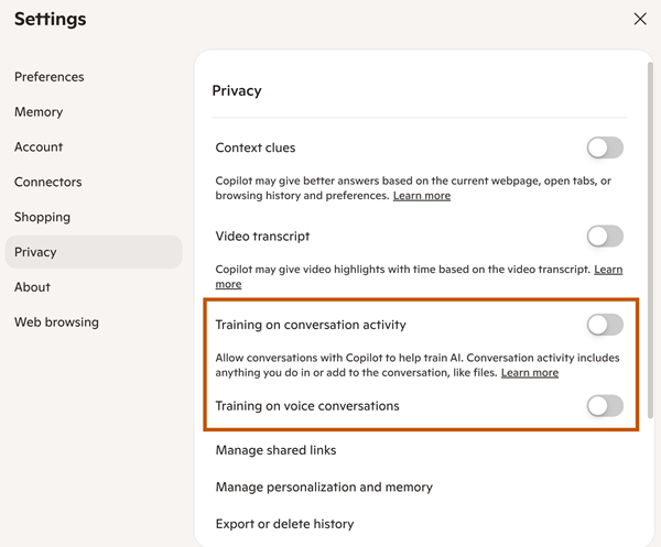 Microsoft Copilot Settings with the training options highlighted with an orange box.