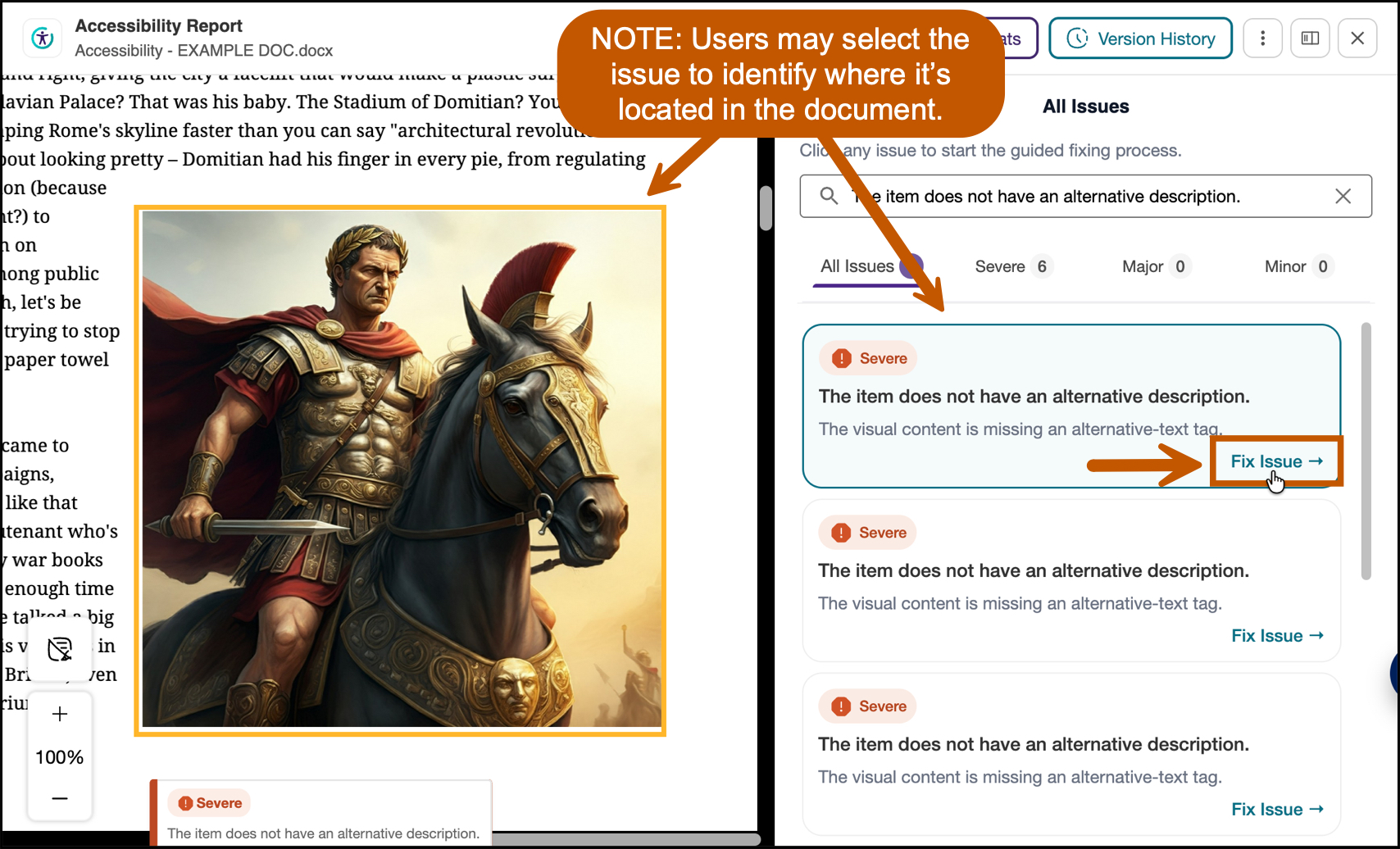 For the first severe issue, select 'fix issue' to review what the issue is and next steps to fix it.