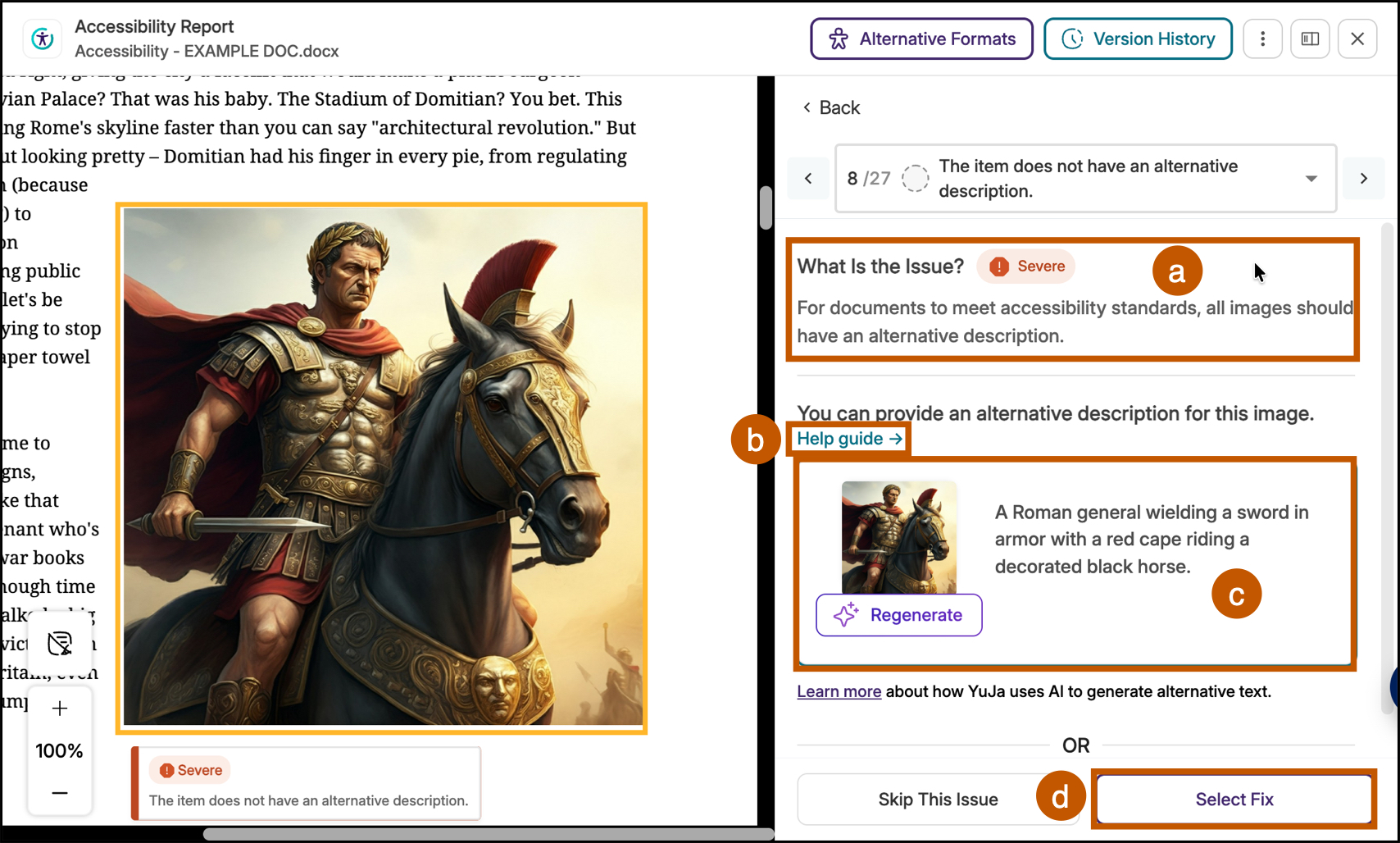 Screenshot of the YuJa Panorama accessibility tool showing an issue with an image that requires alternative text. The dialog includes a “What Is the Issue” description, a “Help guide” option for remediation instructions in the document’s native application, and a fix dialog with a “Generate/Regenerate” button that uses YuJa’s AI to create an image description. A “Select Fix” button appears at the bottom to apply the completed alternative text.