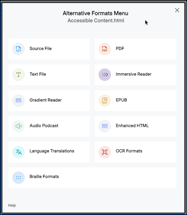 The alternative formats menu features a number of different formats for students to access the content.