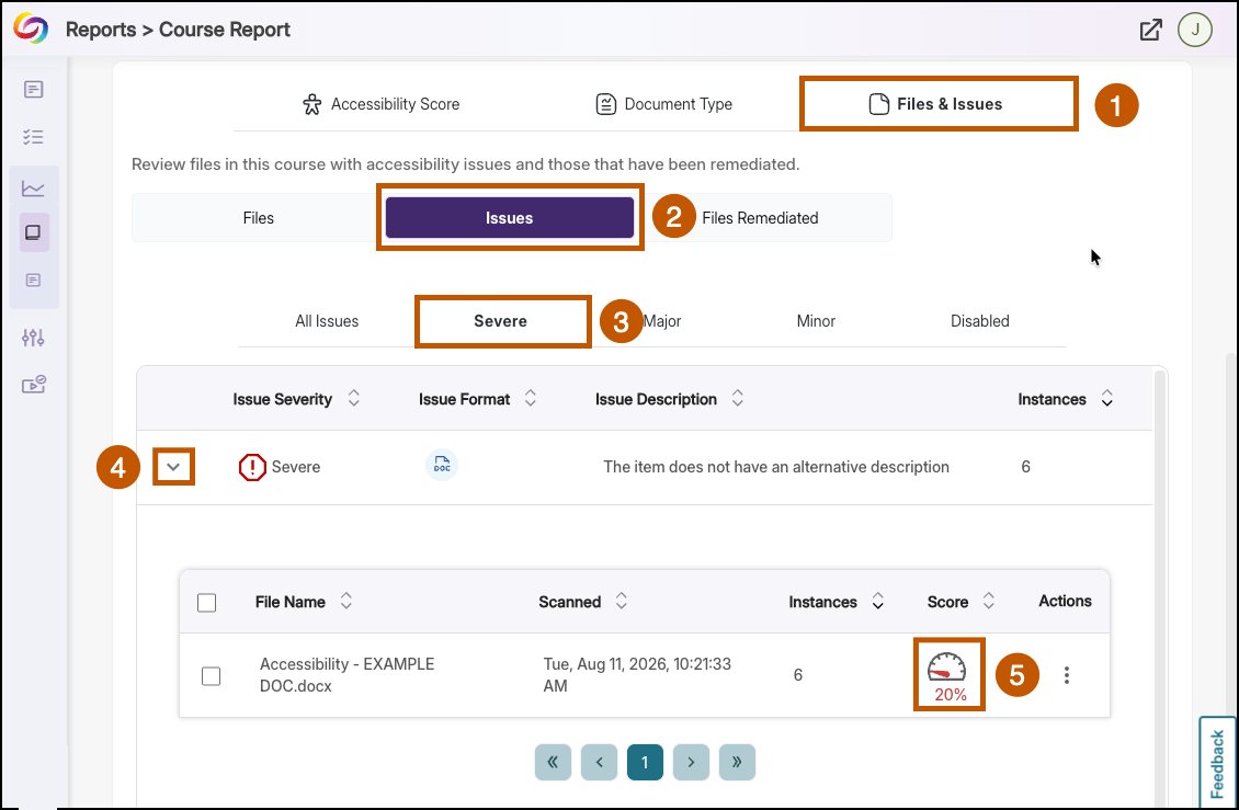 Select 'files & issues', then the 'Issues' tab, then the 'Severe' tab. From there, select the drop-down for the first severe issue, and select the speedometer icon to begin remediating the issue.