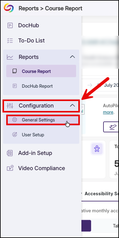 The General settings option is located under the Configuration settings.