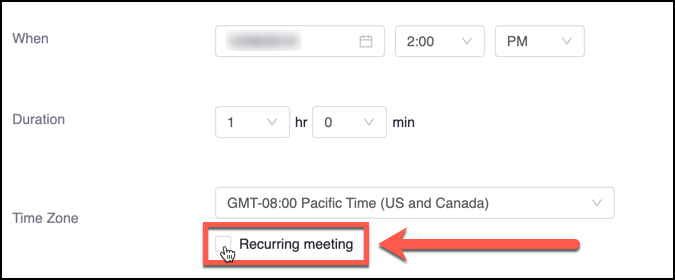 Schedule a recurring meeting by clicking the checkbox adjacent to the "recurring meeting" label.