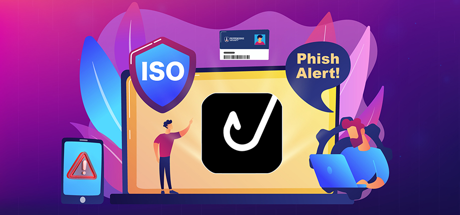 A conceptual vector graphic depicts an ISO team working around an oversized monitor which displays a new phishing icon.