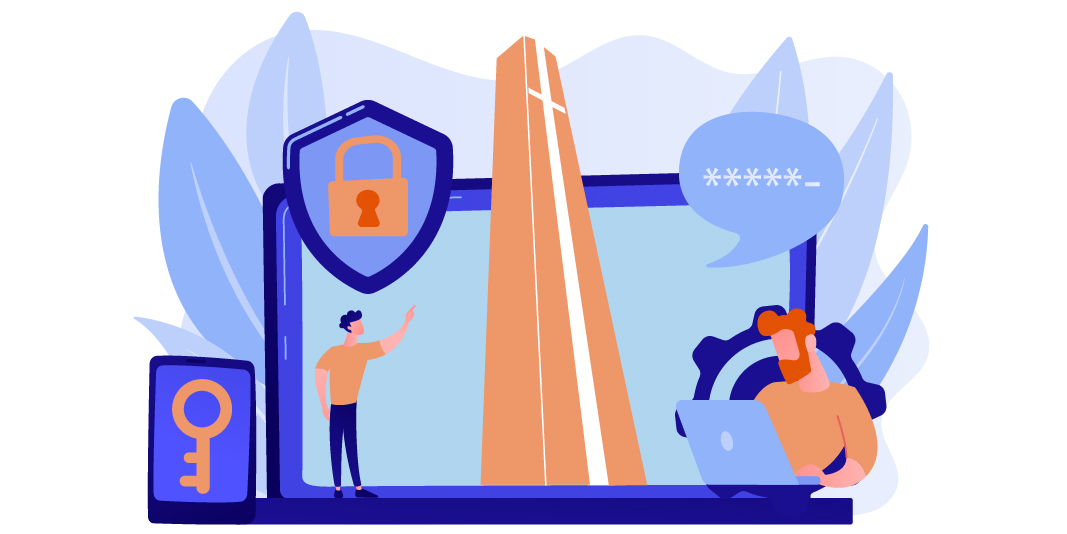 Conceptual illustration of a classroom atmosphere with security markers around Pepperdine University's Phillips Theme Tower.