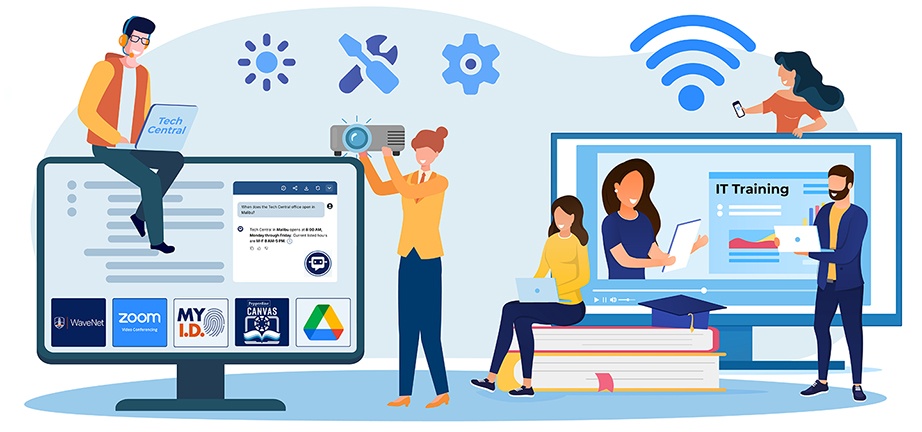 Illustration of people working and learning with technology. Large monitors display tools and services.