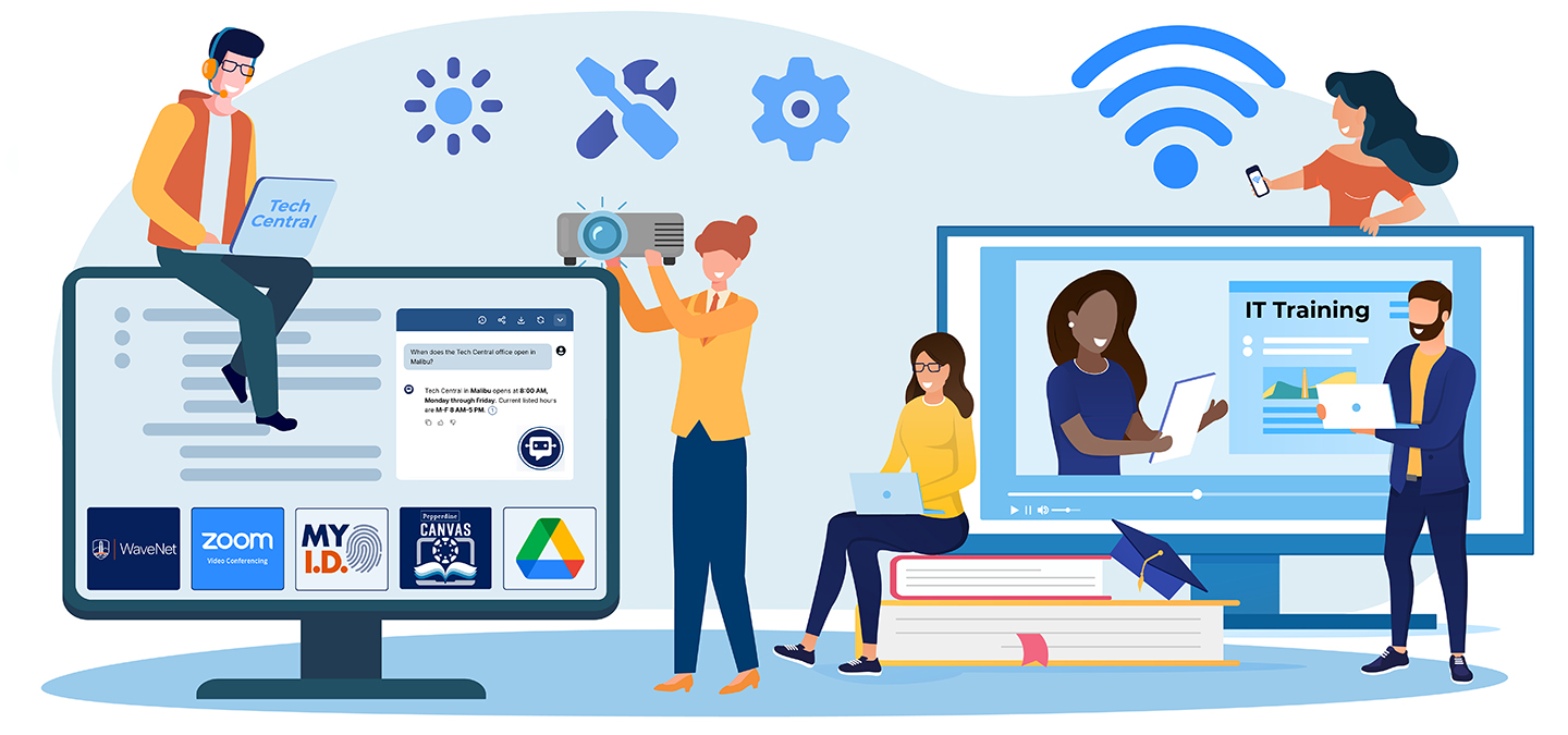 Illustration of people working and learning with technology. Large monitors display tools and services.