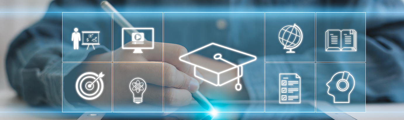 Concept image using thumbnail images of academic elements floating in an overlay on a student's arms as he works on a tablet.