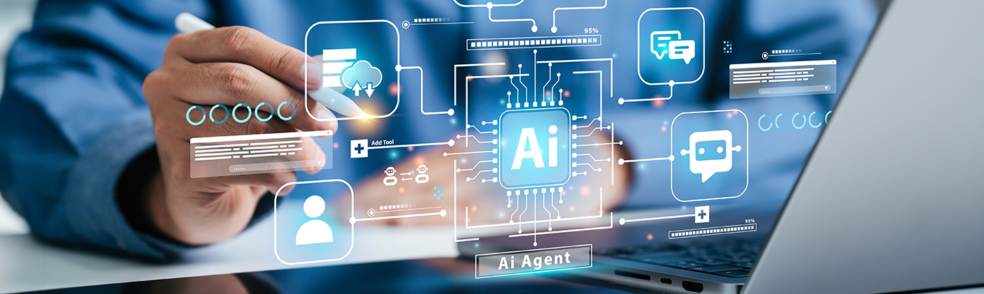 AI desktop concept illustration showing multiple AI visual elements hovering over a laptop keyboard.