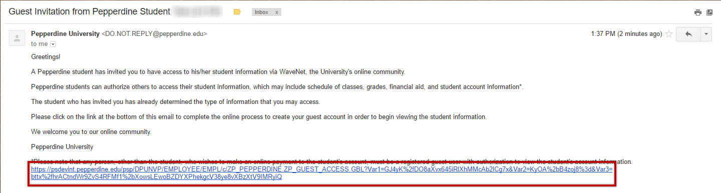 Example of the Guest Invitation email message with the link highlighted at the bottom.