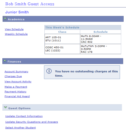 Example of Guest Access Center for a parent with schedule and financial permissions enabled.