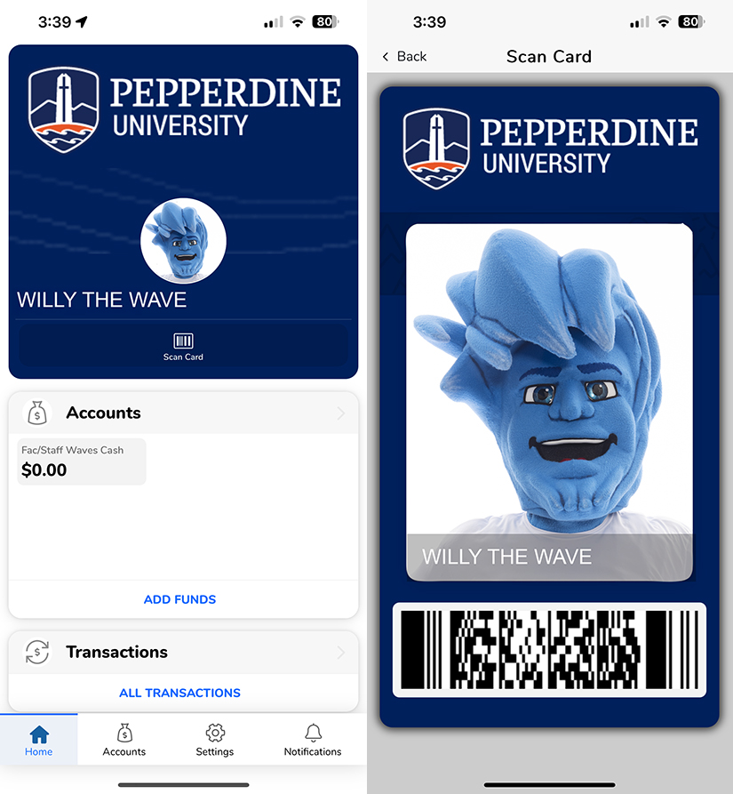 Pepperdine Mobile ID cell phone screenshots