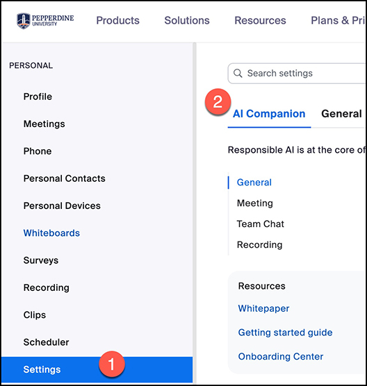 AI Companion Settings screen
