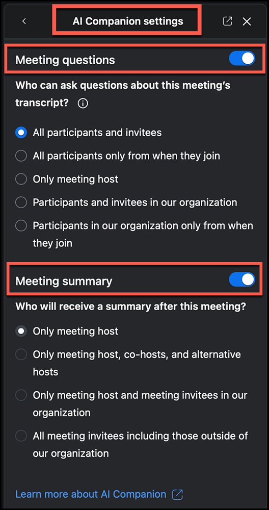 Zoom AI Companion settings