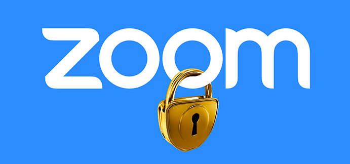 Zoom logo with a golden padlock dangling from one of the O's