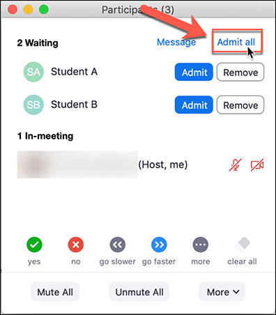 Admitting all waiting participants can be done in one click.